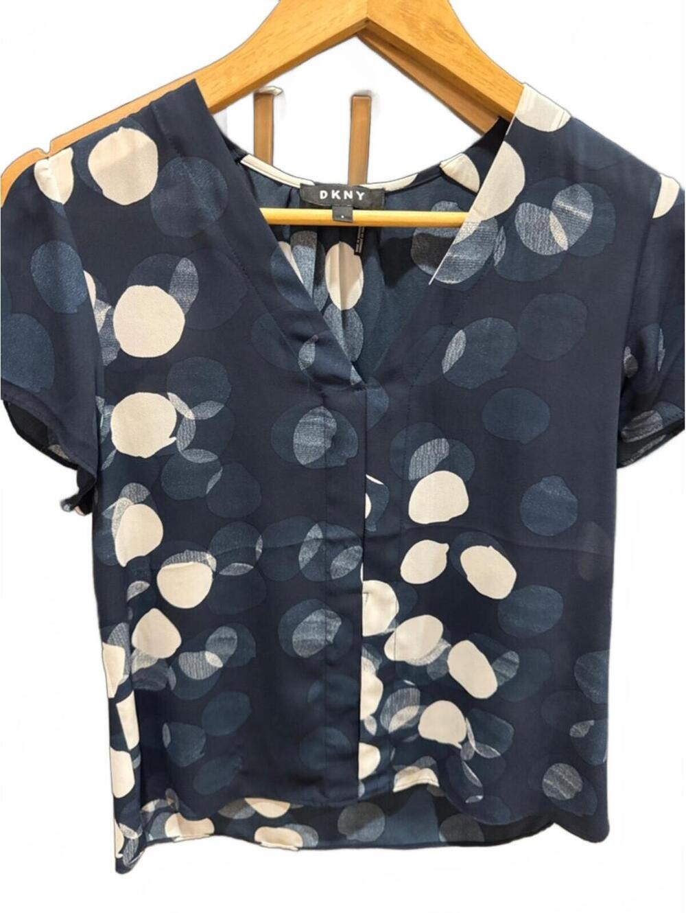 DKNY Navy and White Polka Dot V Neck Blouse size small New